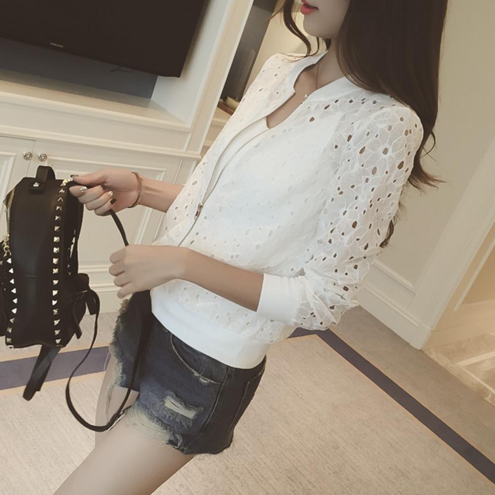 Fall Spring Women Coat Hollow Out Lace Stand Collar Zipper Closure Solid Color Elastic Cuff And Hem Daily Wear Dating Jacket
