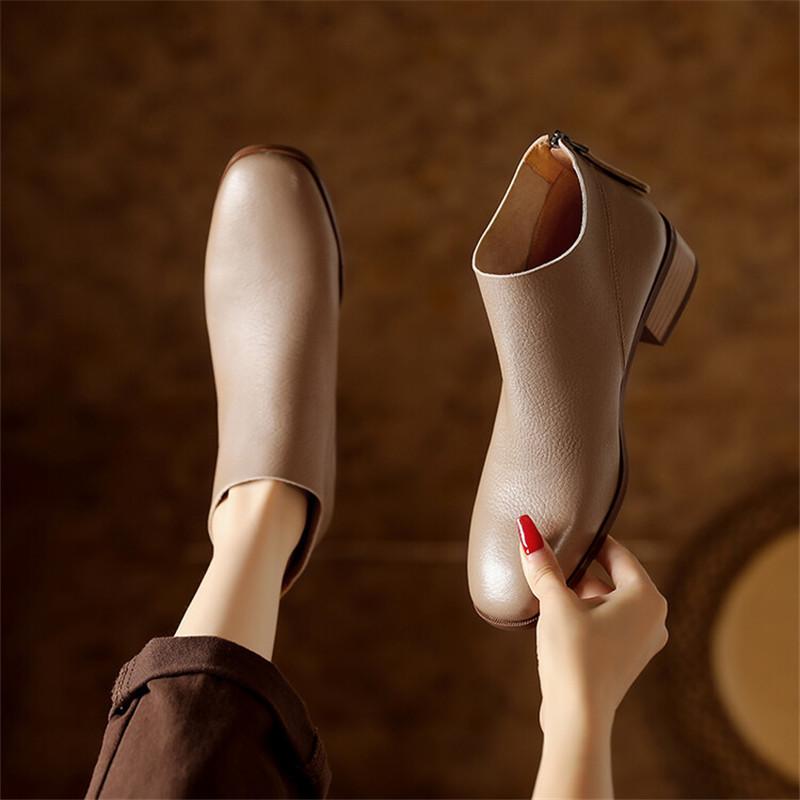 Mote Nye Høst Ekte Lær Dame Støvletter Casual Korte Støvletter for Damer Mote Støvletter Kraftige Hæler Damesko Konsise Ankelstøvletter