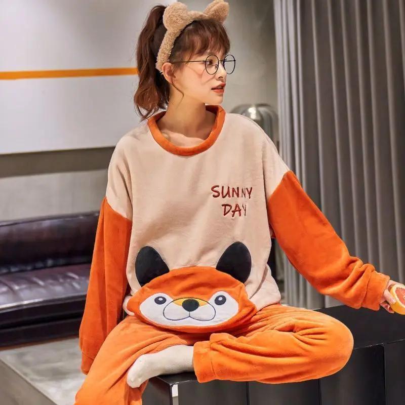 

Новая пижама из кораллового флиса для женщин, утолщенный кардиган, фланелевая пижама для девочек, милая домашняя одежда, комплект домашней одежды на осень-зиму 2XL