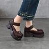 Johnature Thick Soled High Heels Pumps Genuine Leather Retro Round Toe Thick Heeled Women's Shoes