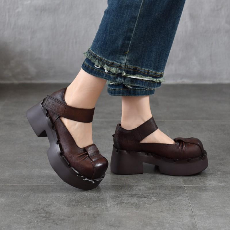 Johnature Thick Soled High Heels Pumps Genuine Leather Retro Round Toe Thick Heeled Women's Shoes