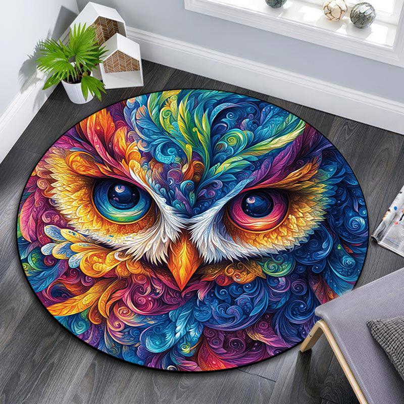 Colorful Owl Round Area Rug,Carpet Rug for Living Room Bedroom Sofa Playroom Decor,Non-slip Floor Mat