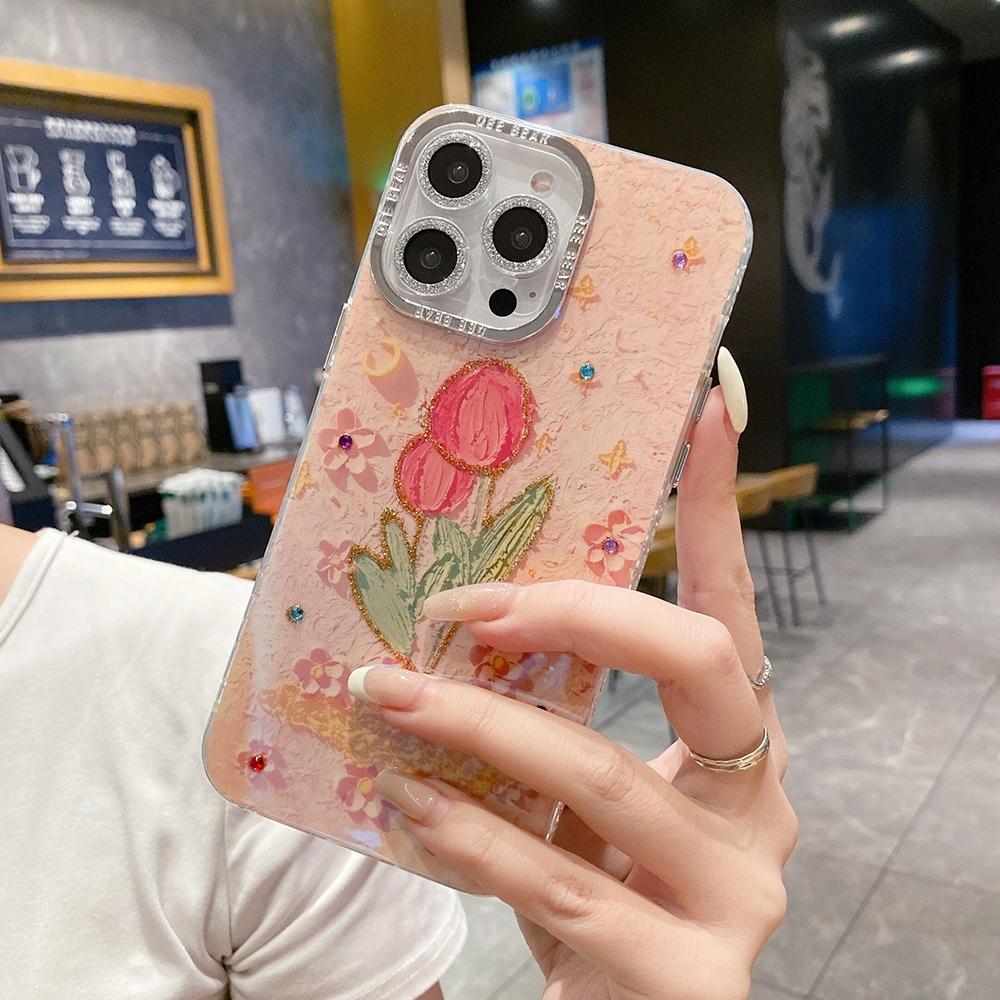 For iphone 15 Pro Max 14 plus Sparkling Pink Silver Lens Circle Fashion Flower Phone Case For iphone 15 14 13 12 Pro Max 11 Soft silicone Back Cover