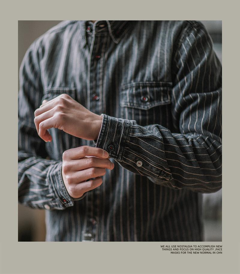 Herren Distressed Khaki Gestreiftes Denim Workwear Hemd