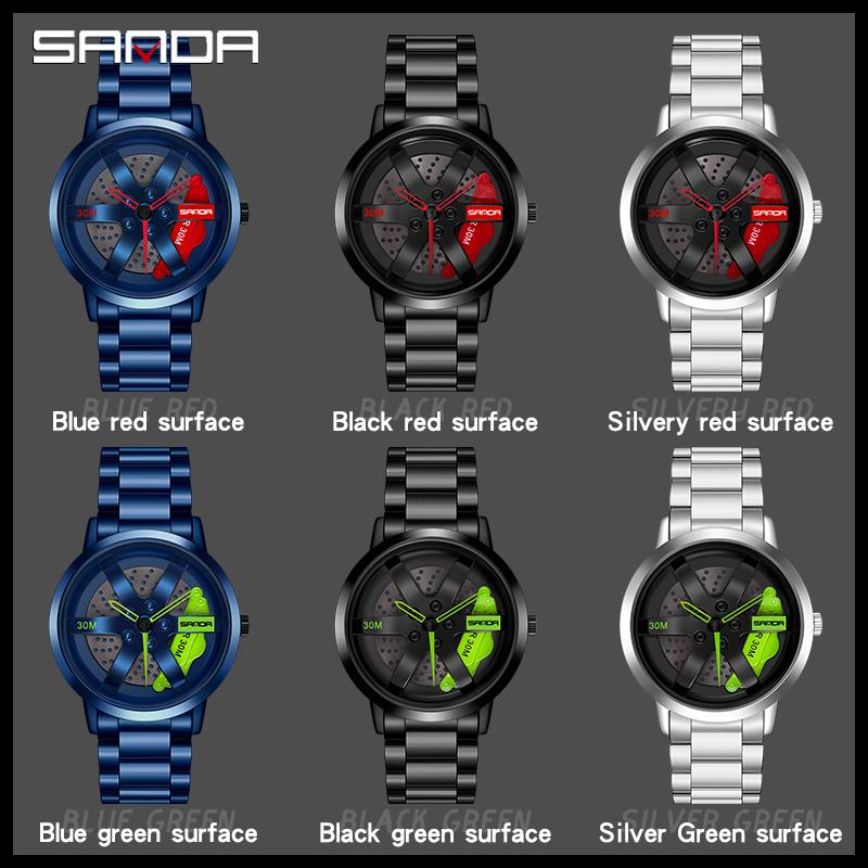 Regarder SANDA Mens Watch Rim Hub Watch Wheel Wristwatch Clock Sport Car Creative 360° Spinning Men Wrist Watch Reloj de hombre