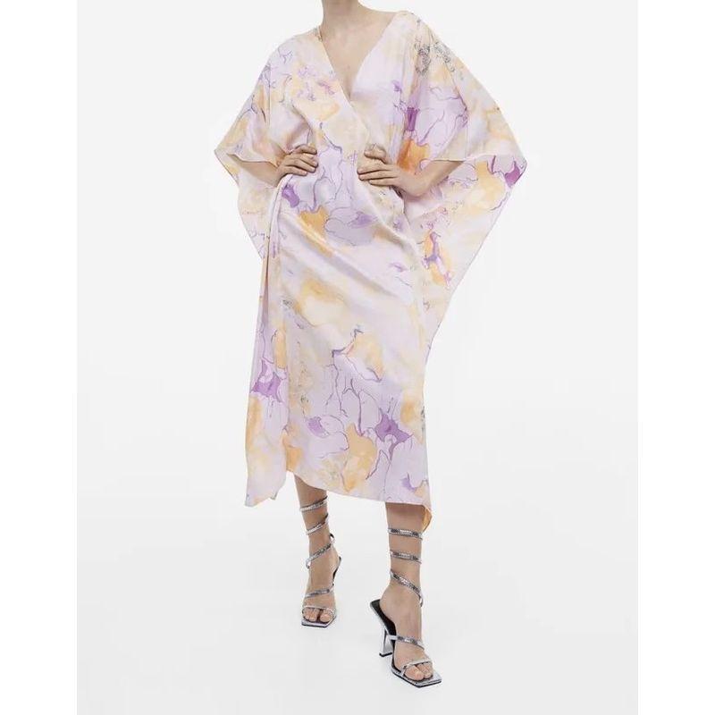 

Export Single H Home Stylish Gas Field Batwing Sleeve Design Loose Summer V Neck Open Back Tied Dress Goddess Dress Lavender XL
