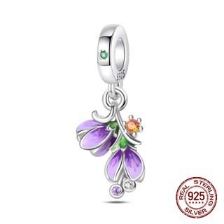 925 Silver Purple Bead Flower Butterfly Dangle Charm Fit 4MM Hole Diameter Bracelet Necklace 925 Jewelry Gift Making