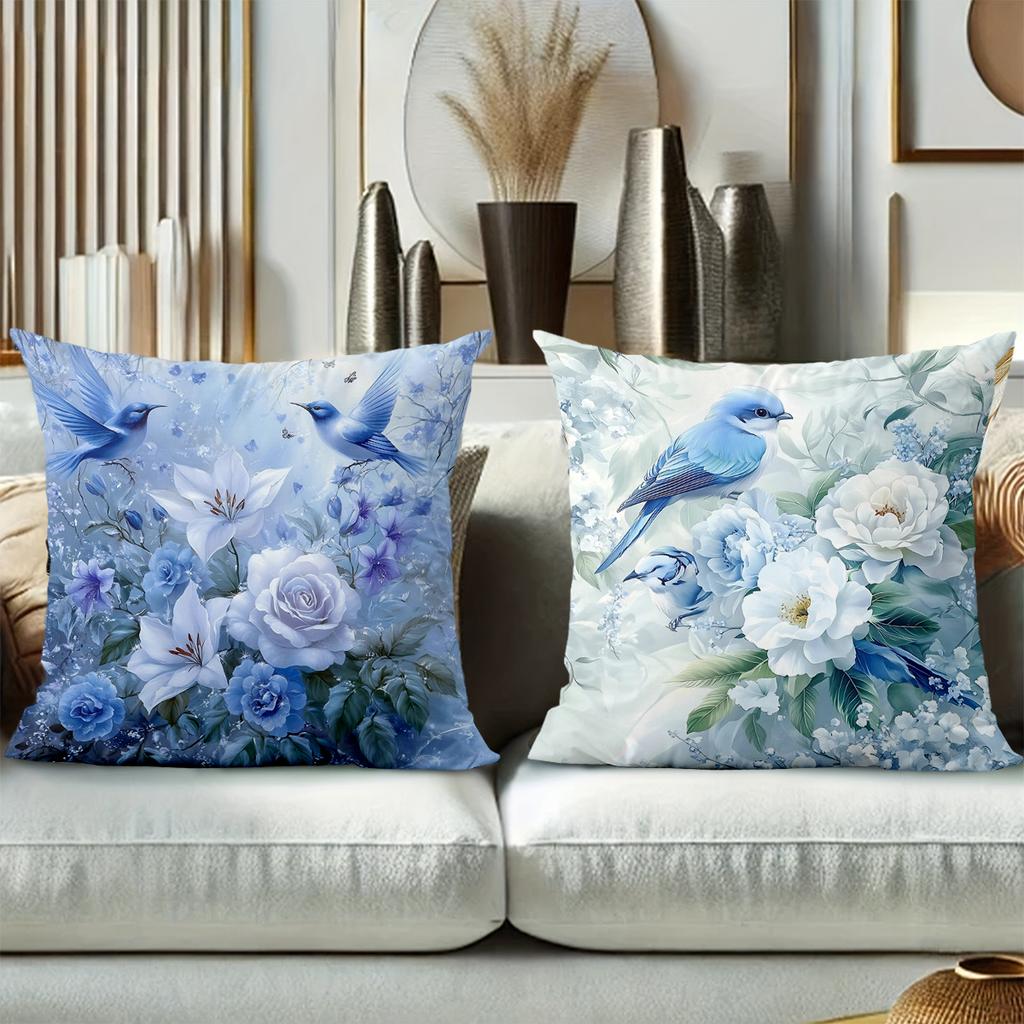 Blue Floral And Bird Pattern Decorative Cushion Covers Polyester Pillowcase, Sofa Decorative Cushion Cov Headboard Pillow