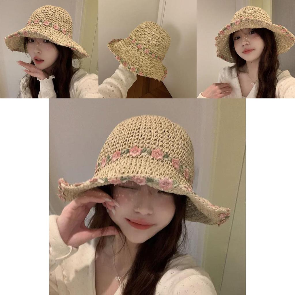 Stylish Ins Flower Foldable Straw Hat For Women Summer Beach Sun Protection