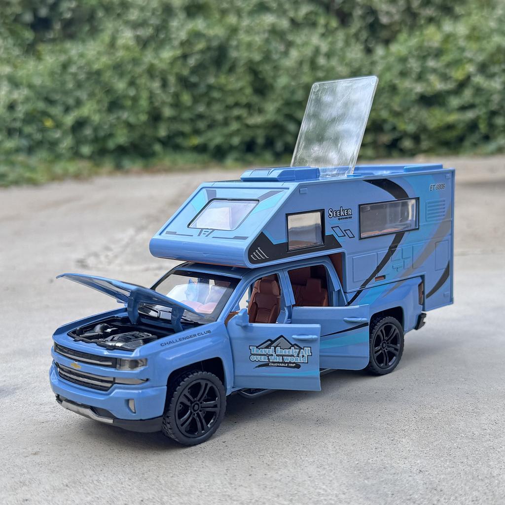 1/32 Chevrolet Silverado Pickup RV Recreational Vehicles Car Model Diecast Camper Van Motorhome Touring Car Model Sound Light Kid Toy Gift