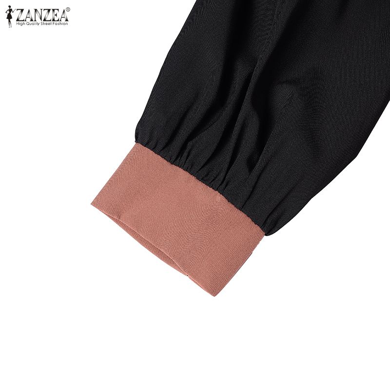 ZANZEA Women Casual Round Neck Splice Long Sleeve Muslim Long Dress