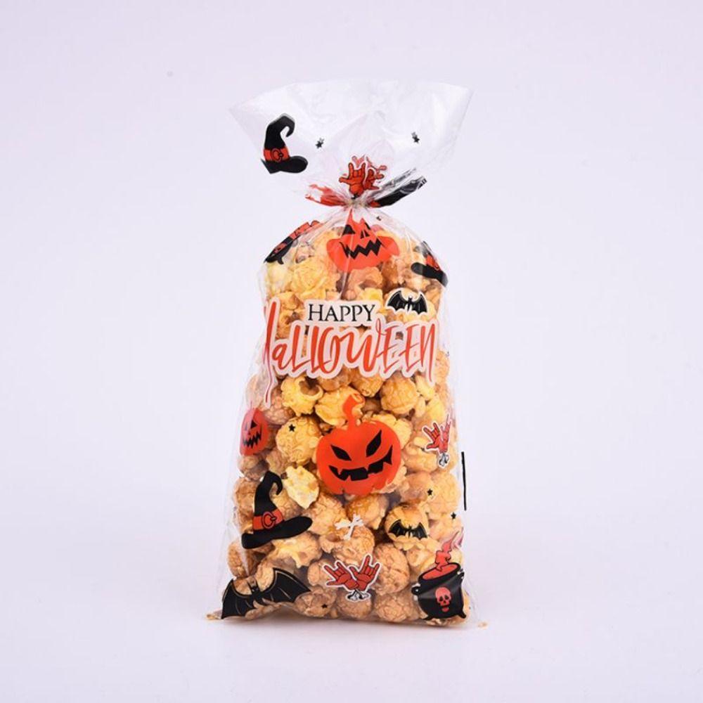 50pcs Trick or Treat Halloween Candy Bags Snack Pouch Food Plastic Pack Gift Bag Transparent Cellophane Pumpkin Bat