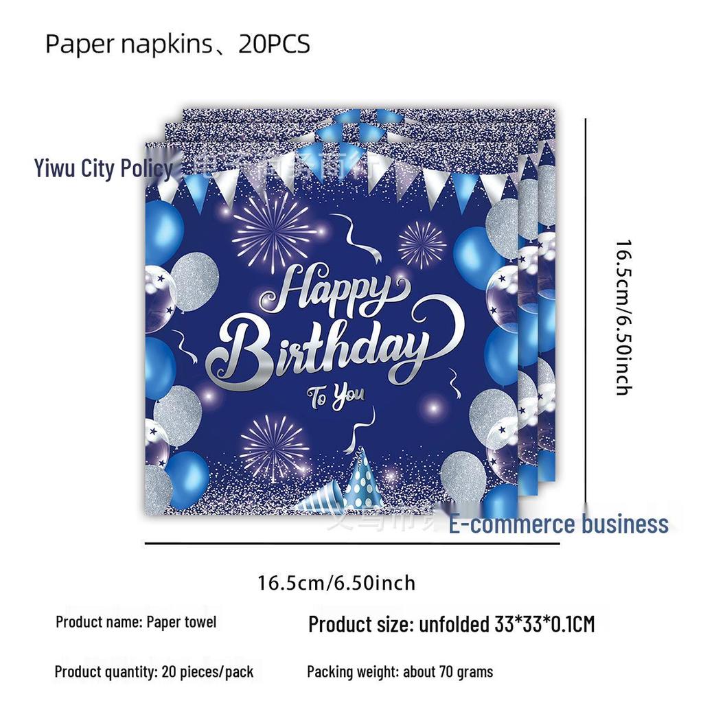 Blue & Silver Birthday Party Tableware Set - Includes Plates, Cups, Tablecloth