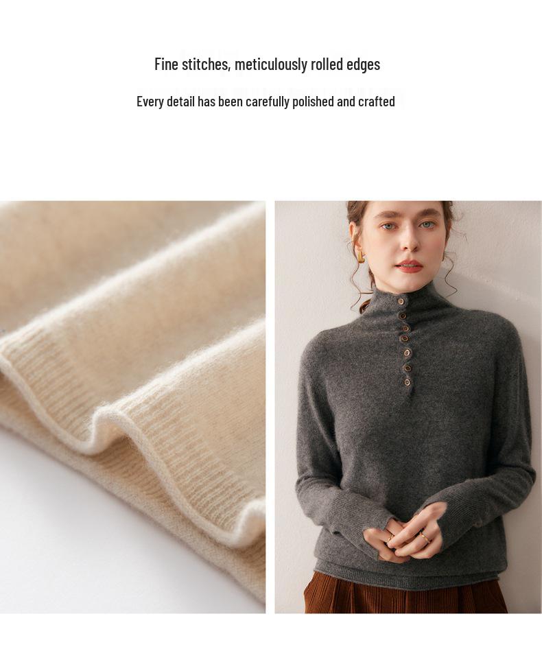 2025 Women's Cashmere Wool High Neck Multi-Button Sweater - Autumn Winter Solid Design