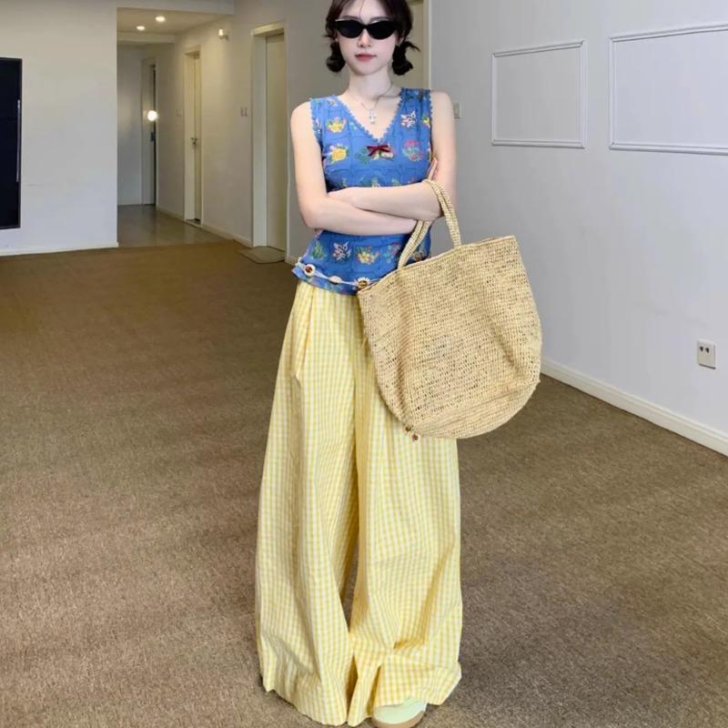 

Контрастные черно-белые клетчатые брюки с широкими штанинами, ленивый ветер, свободные, на кулиске, эластичная талия, прямые повседневные брюки XL