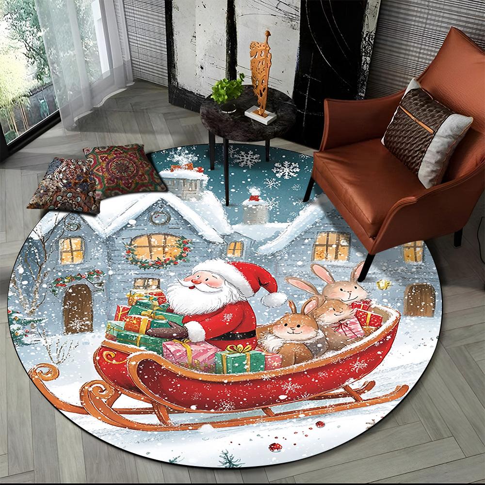 Cartoon Santa Claus Merry Christmas Snowman New Year Round Carpet Rug for Bedroom Living Room Sofa Decoration,Decor Floor Mat