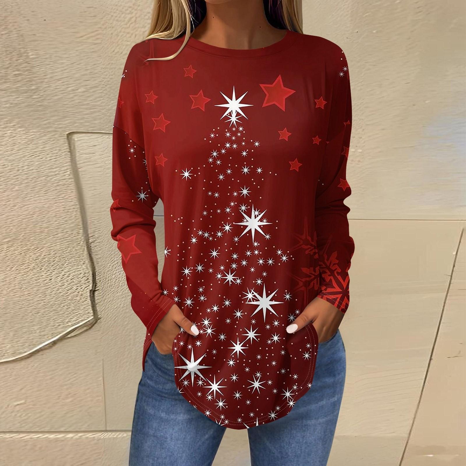 

Футболки для женщин, осенние повседневные рубашки с длинными рукавами, толстовка с ретро-принтом, топ для рождественской вечеринки, пуловер M