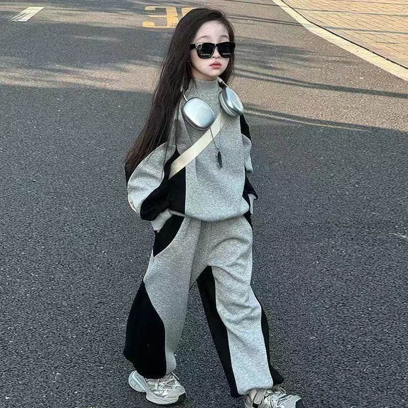 Autumn Winter Kid Girls Clothes Suit Child Patchwork Loose Sweatshirt T-shirt Top and Loose Pant Tracksuit