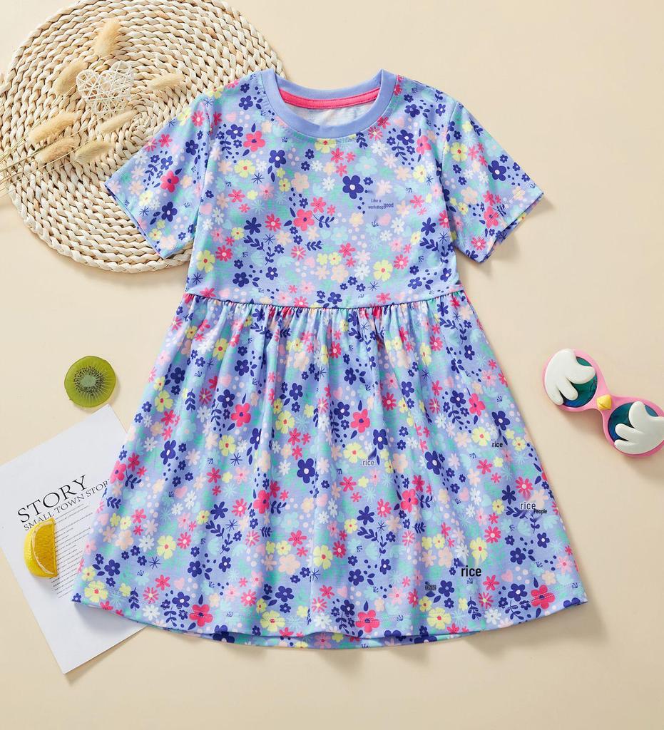 Summer 2025 European & American Style Girls' Princess Cartoon Tropical Short-Sleeve Dress