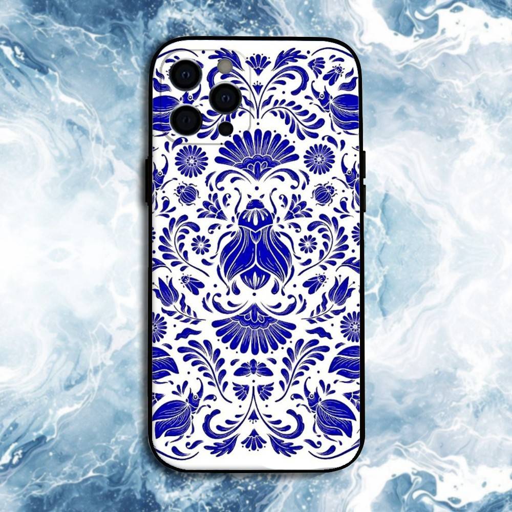 Blue white Porcelain Pattern Phone Case For iPhone17,16,15,14,13,12,11 Plus,Pro Max, Soft Silicone Black Cover
