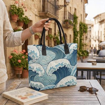  Japanese Wave Print Casual Tote Bag Large Capacity Fashion Shoulder Handbag for Daily Use