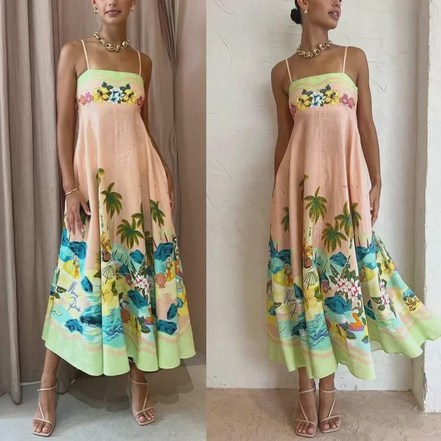 

2024 European & American Summer Backless Printed High-Waist Casual Dress Large