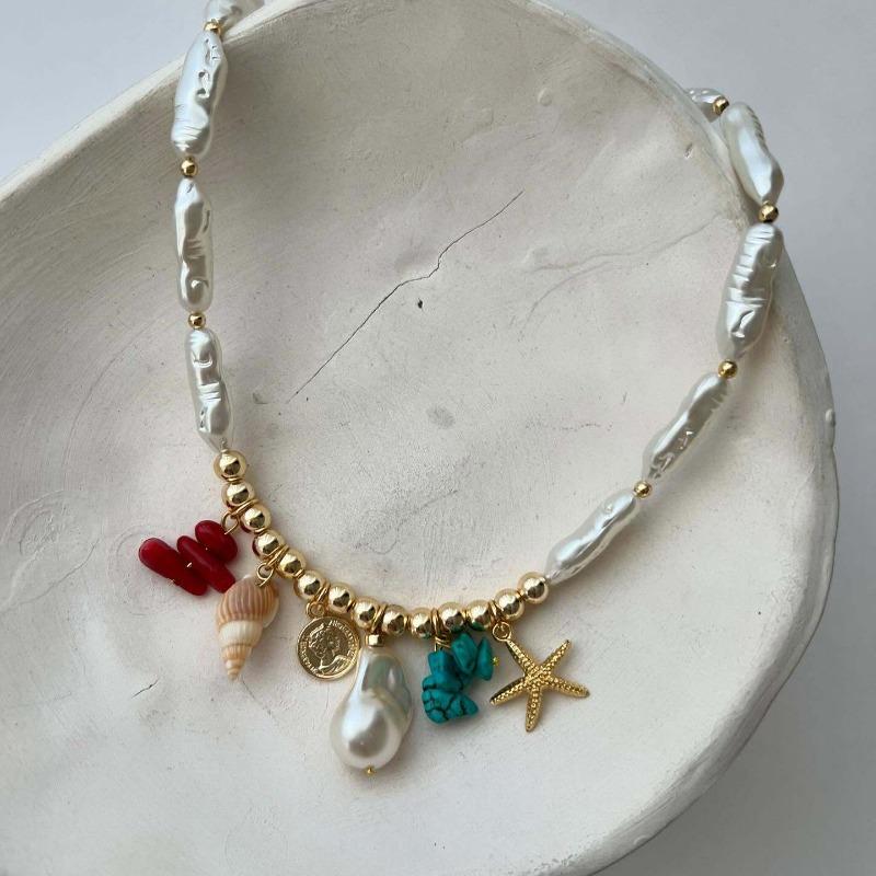 Colored Gravel Starfish Necklace Niche Irregular Imitation Pearl String Chain Collarbone Chain Accessories