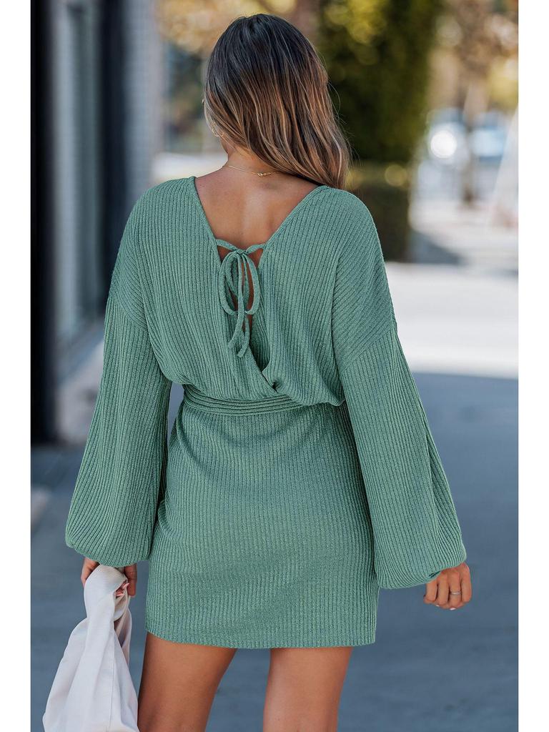 2026 Spring/Autumn Women's Long Sleeve Ribbed Knit Dress with Belt - European & American Style