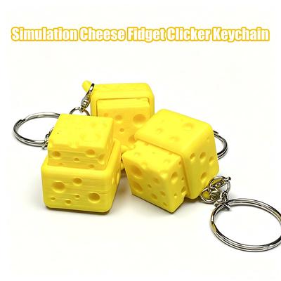 Simulated Cheese Block Fidget Clicker Keychain Creative Stress Relief Press Button Toy Cute Backpack Bag Hanging Ornament