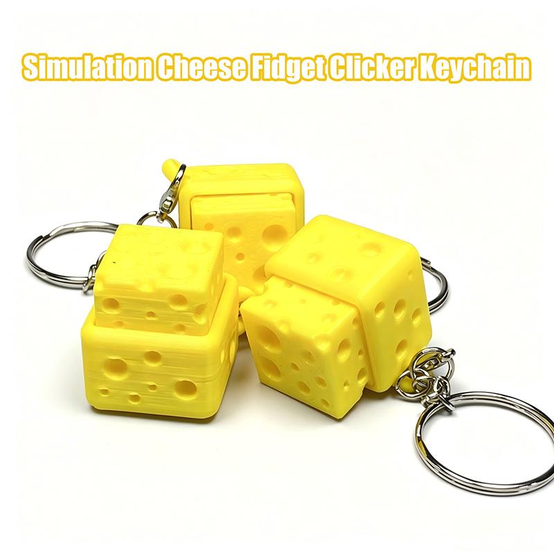 Simulated Cheese Block Fidget Clicker Keychain Creative Stress Relief Press Button Toy Cute Backpack Bag Hanging Ornament