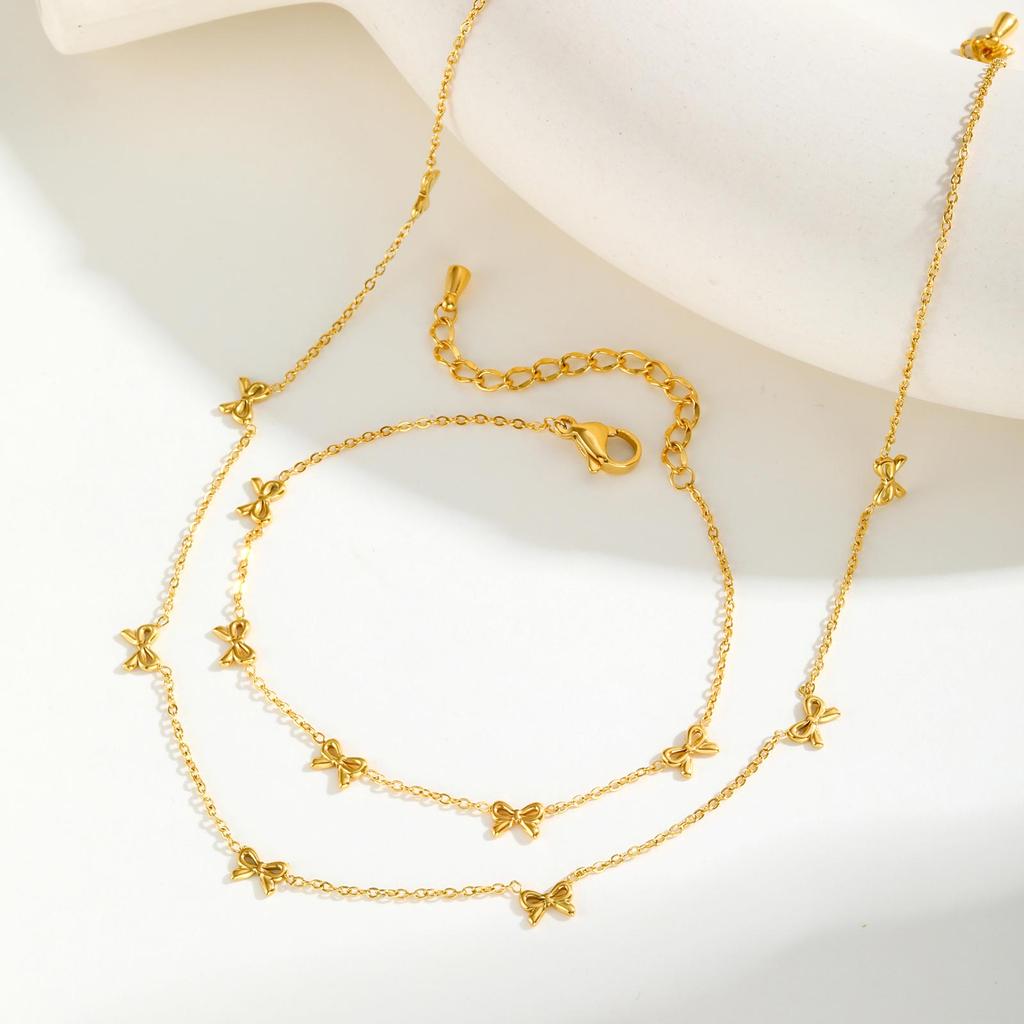 Women's Stainless Steel Bowknot Necklace 18K Gold Plated Luxury Charm Bracelet Trendy Bohemia Jewelry Set Party Birthday Gift