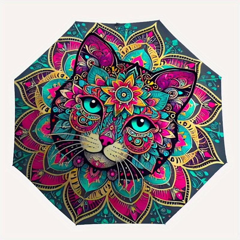 1pc Mandala Cat Artwork Automatic Open/close Folding Umbrella, Compact Portable Travel Umbrella,Cute Umbrella, Durable Construction yy250804100
