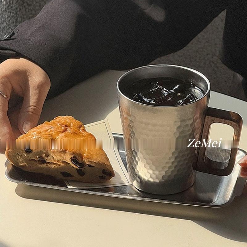 304 Stainless Stee Double-layer Coffee Cup,300 Ml Wooden Handheld Beer Mug,Gray Cold Drink Portable Outdoor Camping Travel Mug