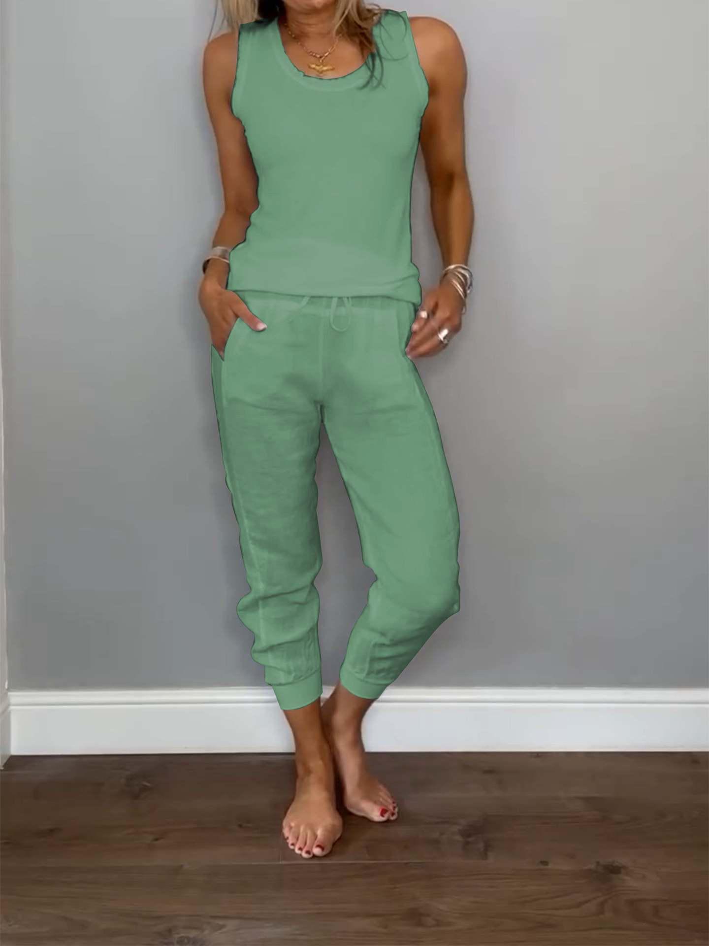 

2024 Cotton Linen Vest and Drawstring Casual Pants Set for Summer/Autumn 4XL зелёный