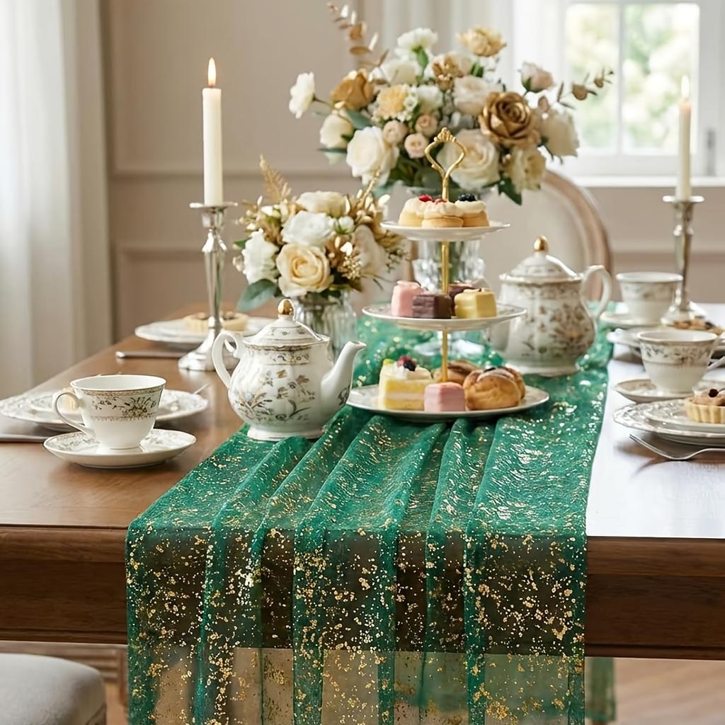 Gold Foil Mesh Table Runner Sheer Glitter Tablecloth Party Wedding Dining Table Decor