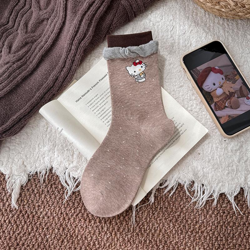 

Женские носки до середины икры с цветными блоками и вышивкой кошки - Осень/Зима, пузырчатый подвернутый край Gift Box