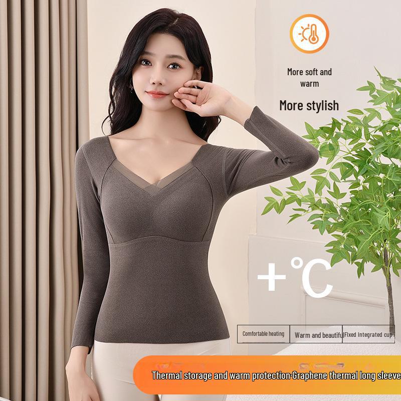 Women's Double-Sided Velvet Self-Heating Top with Fixed Cups, Thickened Waist, Long Sleeves - Warm Autumn Shirt.
