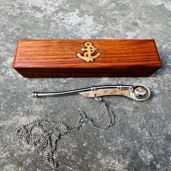 Brass Boatswain Whistle with Chain, Nautical Bosun Call in Wooden Box Home Decor
