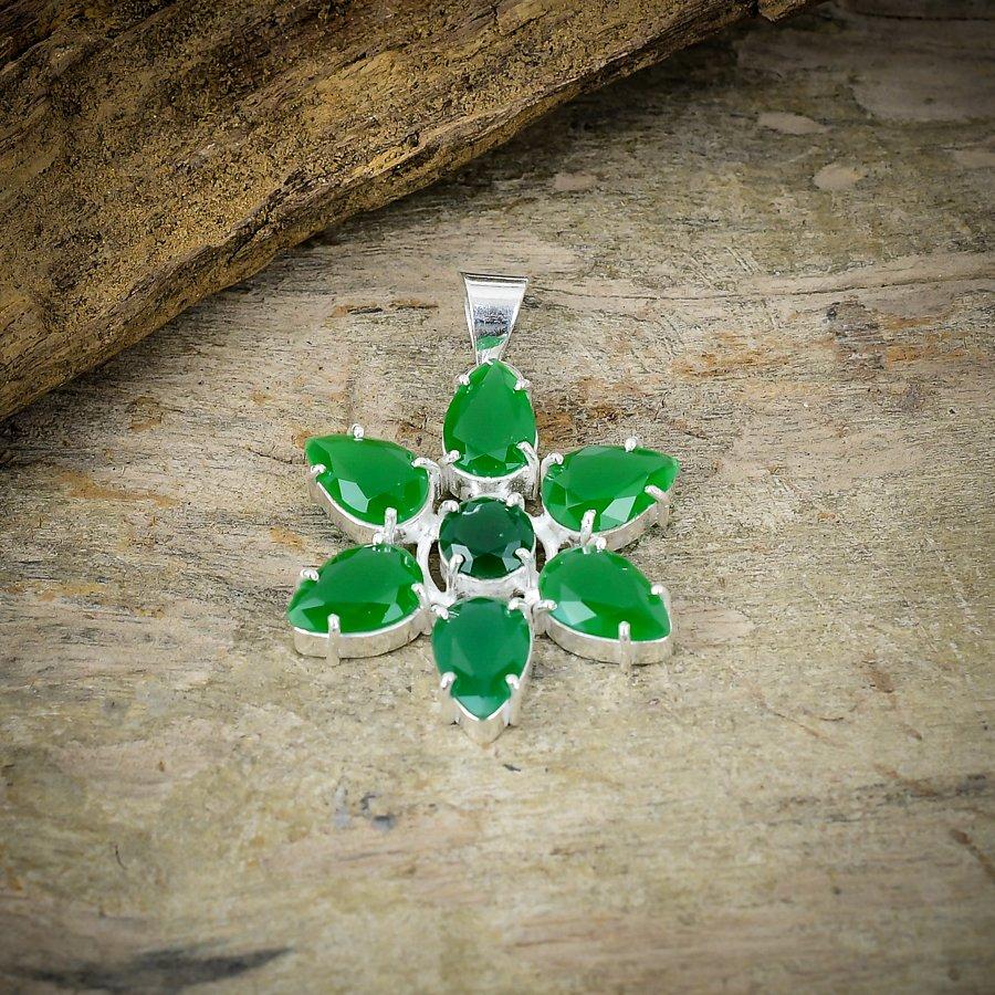 Green Jade Gemstone Handmade 925 Sterling Silver Jewelry Pendant 1.77" M-77