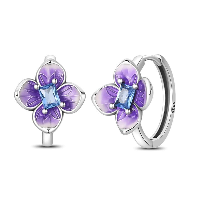 Original 925 Sterling Silver Purple Flower Owl Earrings Women 2025 Zircon Ear Studs Sparkling Pave Hoop Earring Jewelry Gift