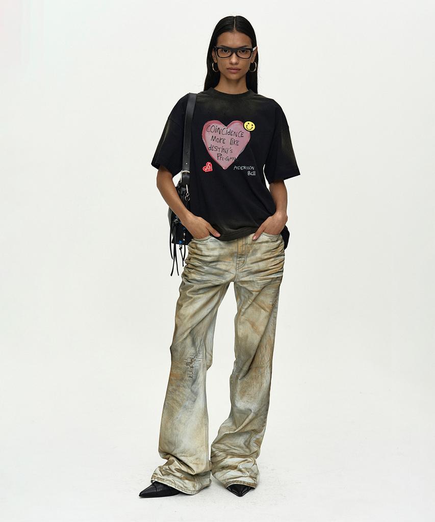 ADSB ANDERSSON BELL (Essential) Unisex Spray Washed Heart Message T-Shirt Atb1432U(Black)