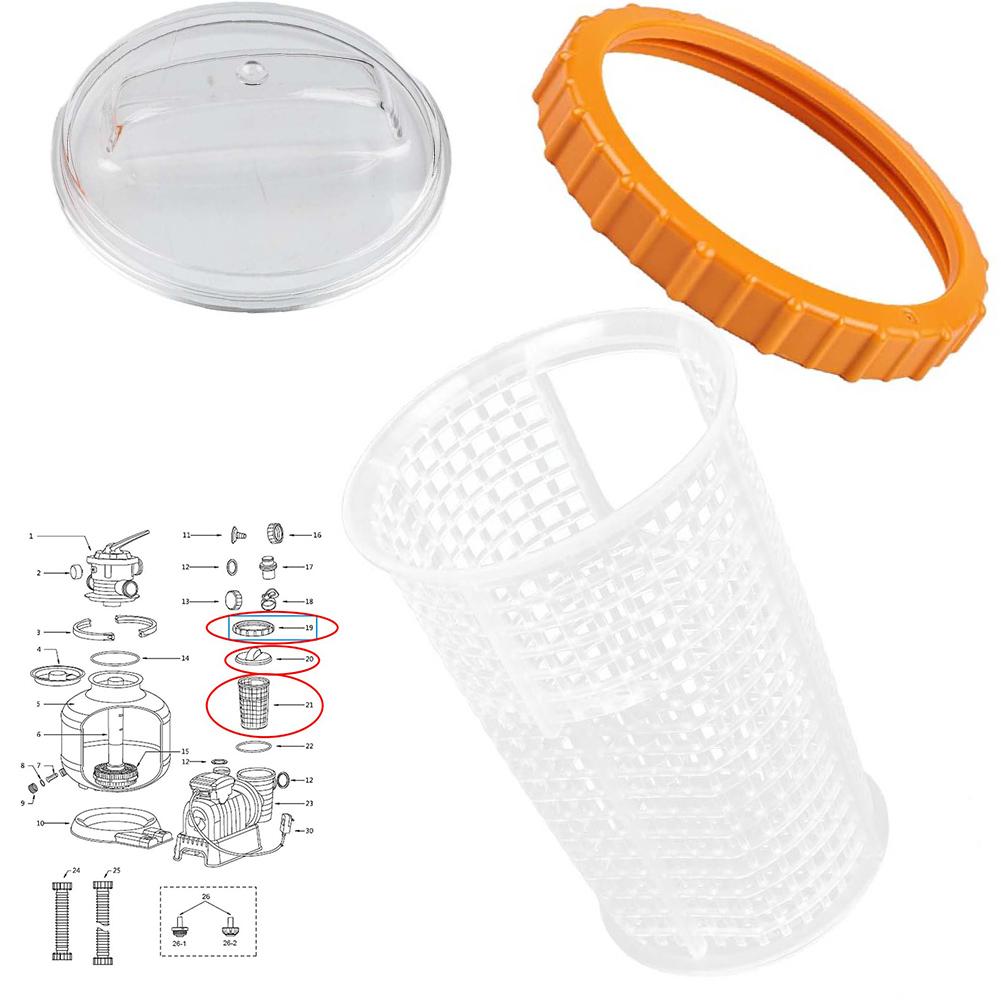 

Orange Nut P07018 + Transparent Cover P07019 + Basket P6562ASS16 Pre Filter Kit for Sand Pumps 58486 58497 58499 China Mainland