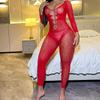 Sexy Hollow Lingerie Red Mesh Pajamas Long Sleeves Backless Tights