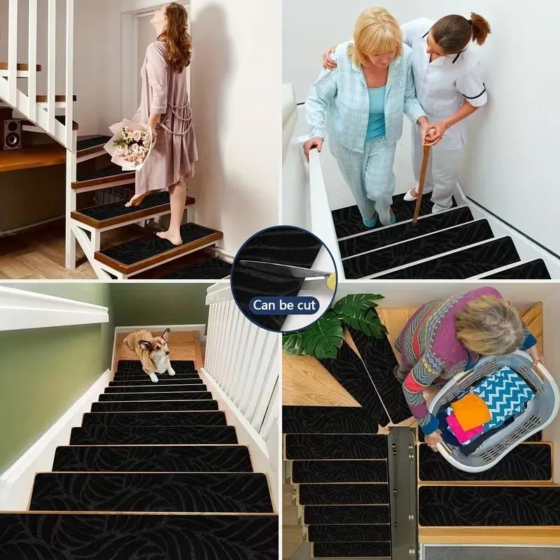 1 Piece Removable Self-Adhesive Anti-Slip Stair Mat Gray Washable Fabric Safety Pad with Non-Slip Backing for Wooden Stairs