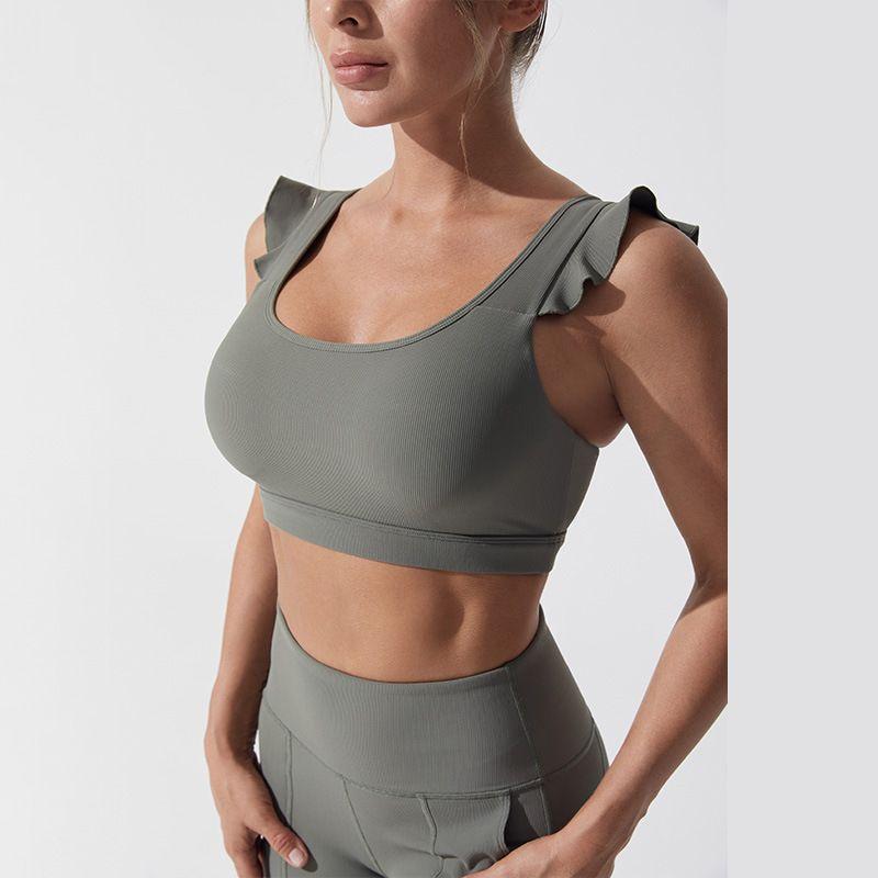 

European and American Outer Wear Small Flying Sleeve Women Waist Hugging Sports Underwear Running Beauty Back Workout Clothes Sports Bra Yoga Vest M Gray Bean Green