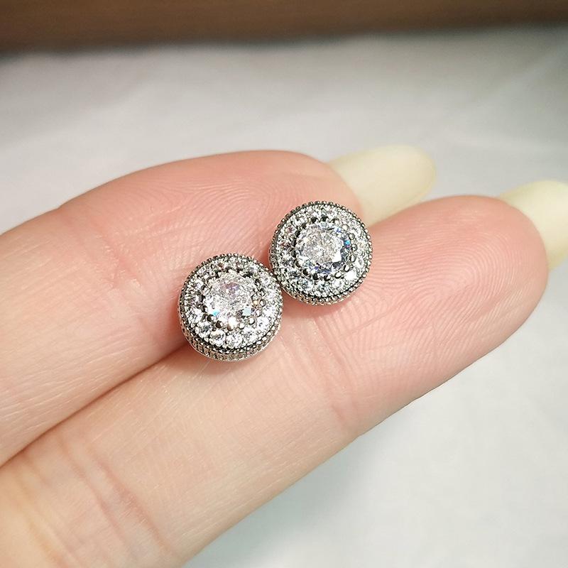 Copper Inlaid Super Flash Round Zircon Full Diamond Stud Earrings Women'S Light Luxury And Elegant Temperament White Diamond Earrings