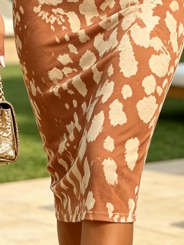 Pink Grey Abstract Leopard Print One Shoulder Spaghetti Strap Bodycon Midi Dress Beach Vacation Party Dress