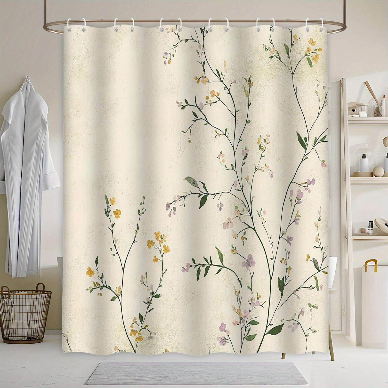 

Whimsical Floral Vine Bath Curtain - Yellow, Purple, Pink Flowers, Green Leaves On Beige, Delicate Botanical Design, Polyester W60H190(CM)-1 Pcs