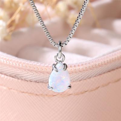 Jolie Chaîne de Collier Pendentif Pierre Opale de Feu Blanche pour Femme Argenté Vintage Bijoux de Mariage Cadeau Pour Femmes