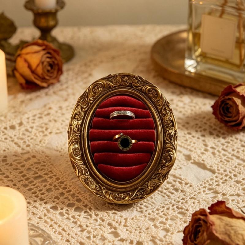 Ring Display Tray with Multiple Horizontal Slots, Ornate Oval Scrollwork Frame and Flat Base for Tabletop Presentation
